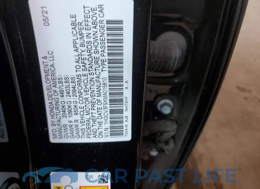 1HGCV3F9XMA015810# 12