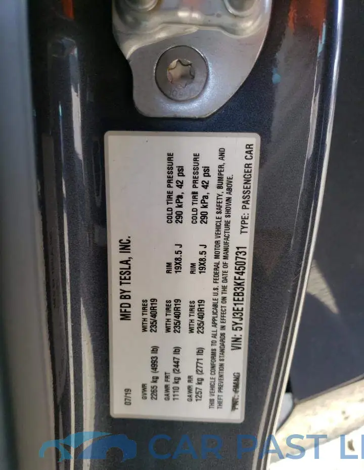 5YJ3E1EB3KF450731# 12
