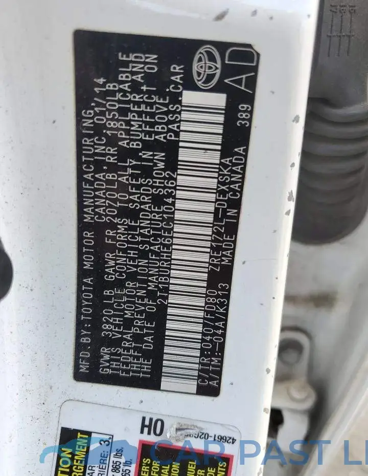2T1BURHE6EC104362# 12