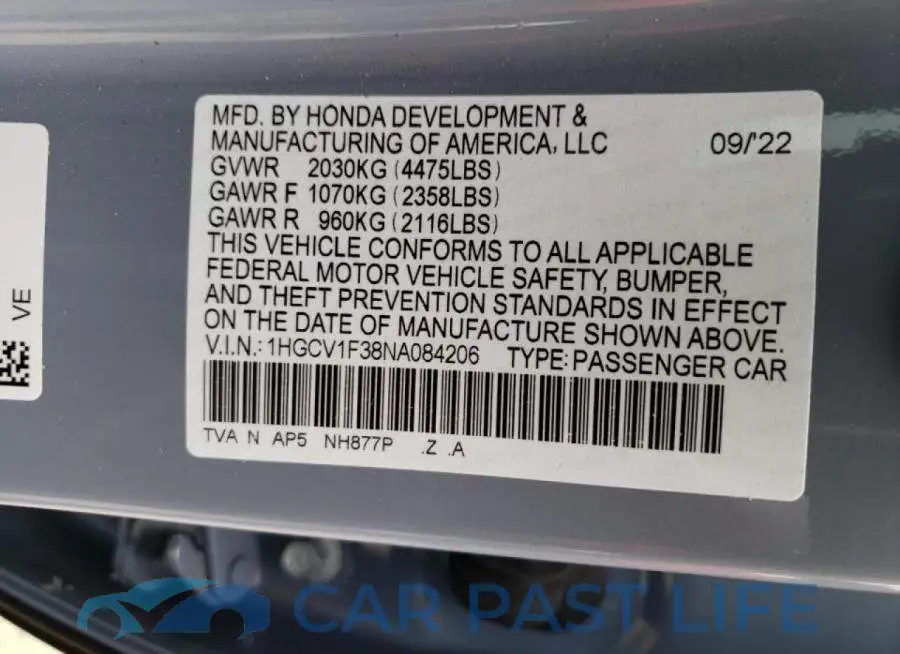 1HGCV1F38NA084206# 12