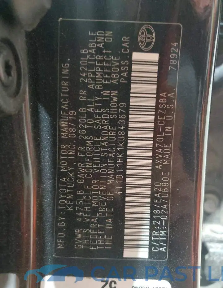 4T1B11HK1KU843679# 12