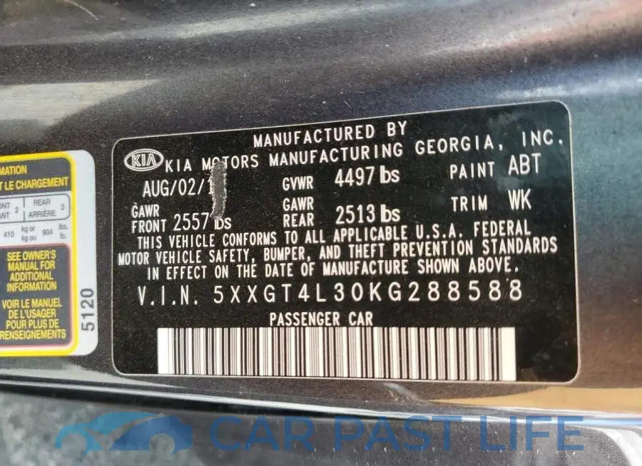 5XXGT4L30KG288588# 12