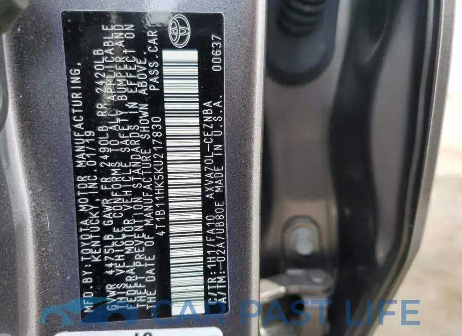 4T1B11HK5KU217830# 12