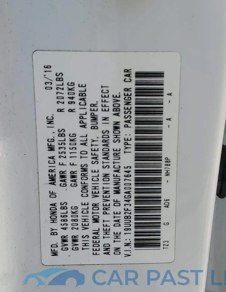 19UUB2F34GA007645# 12