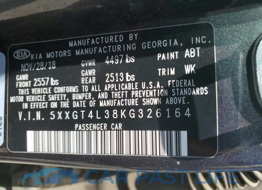 5XXGT4L38KG326164# 12