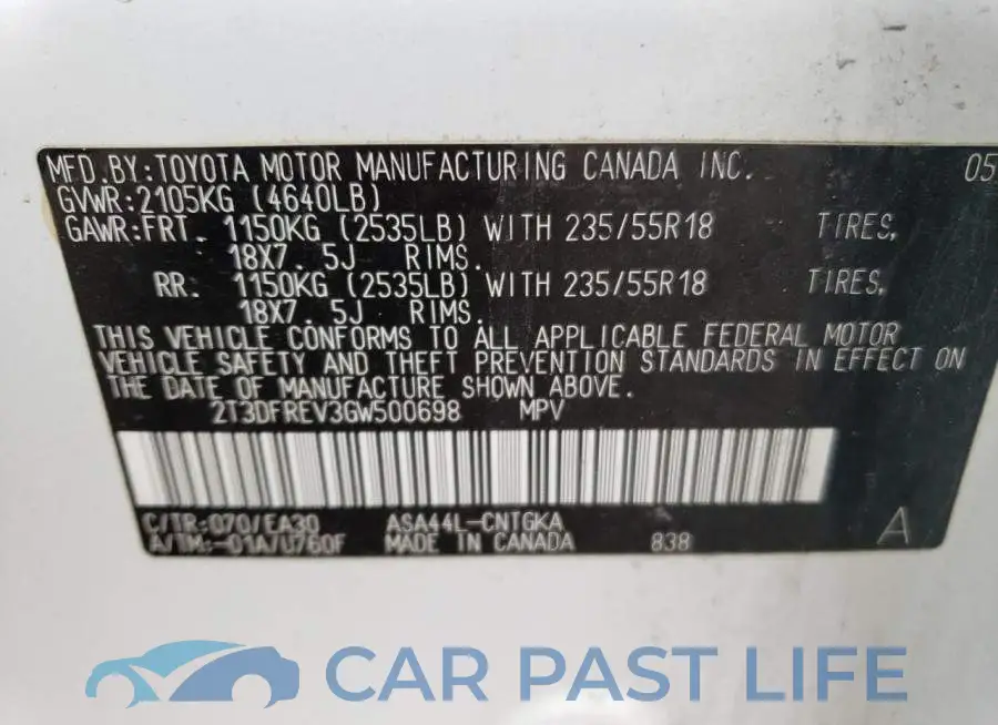 2T3DFREV3GW500698# 12