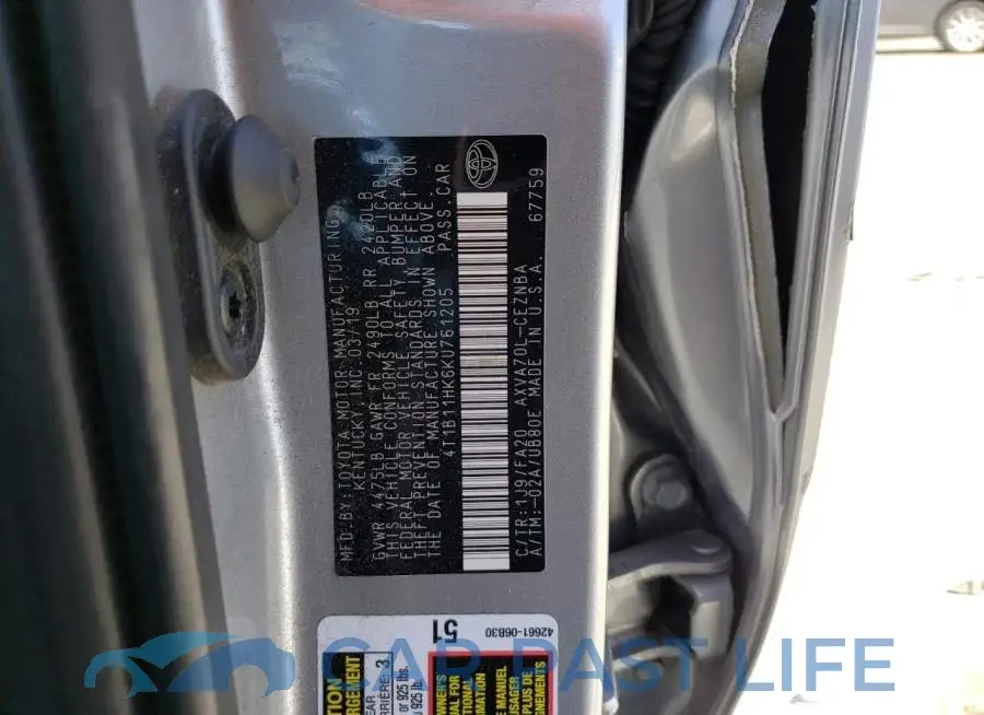 4T1B11HK6KU761205# 12