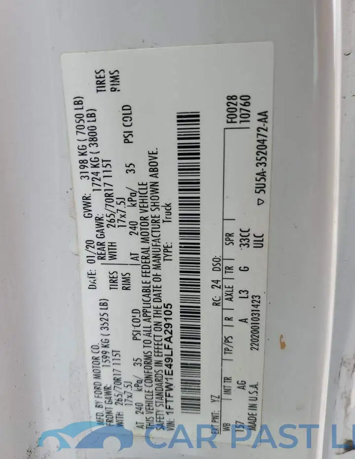 1FTFW1E49LFA29105# 12