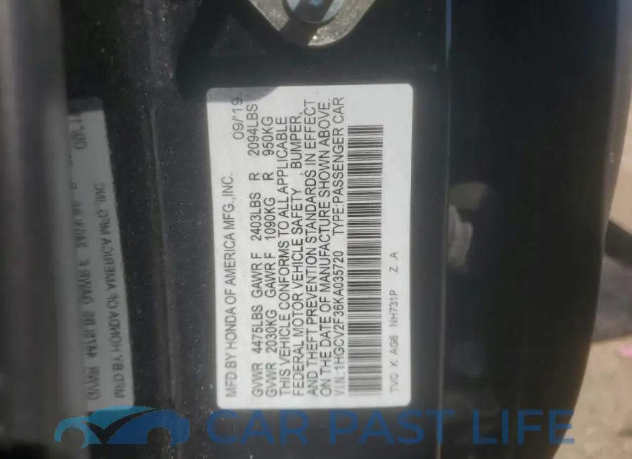 1HGCV2F36KA035720# 12