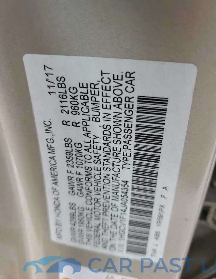 1HGCV1F14JA054354# 12