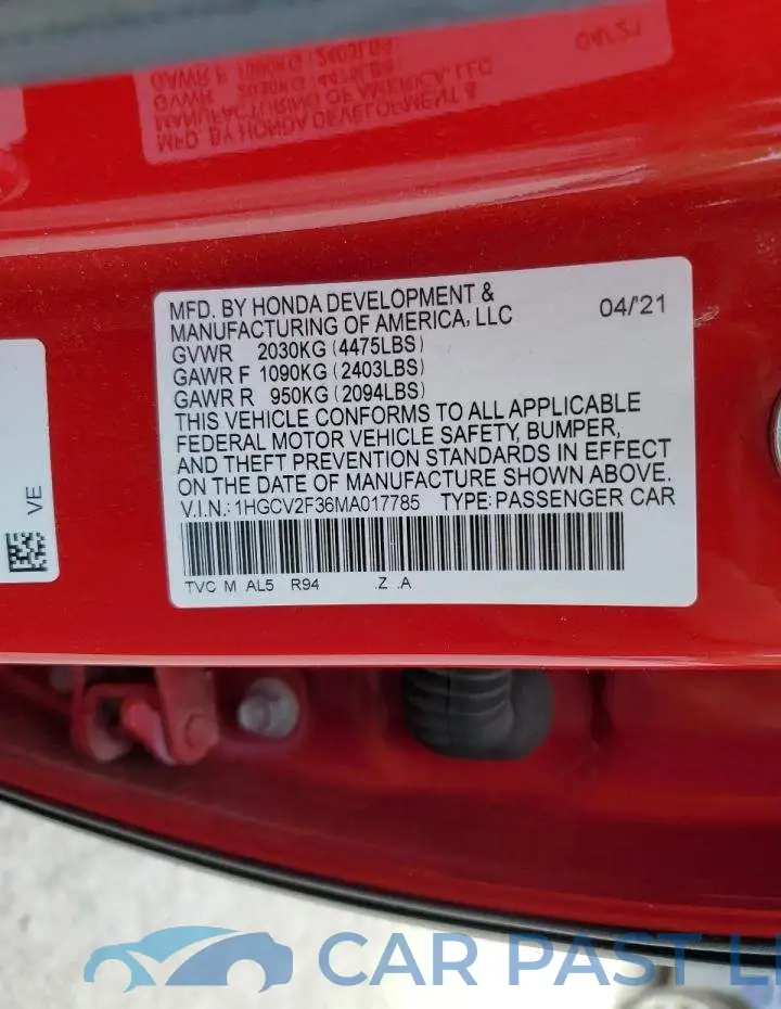 1HGCV2F36MA017785# 12