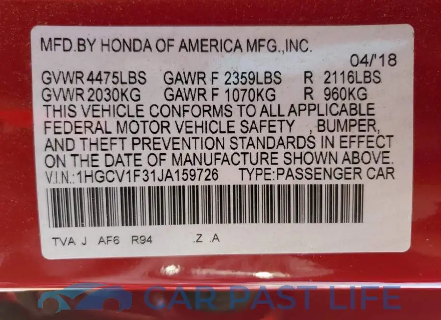 1HGCV1F31JA159726# 12