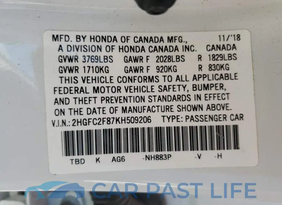2HGFC2F87KH509206# 12