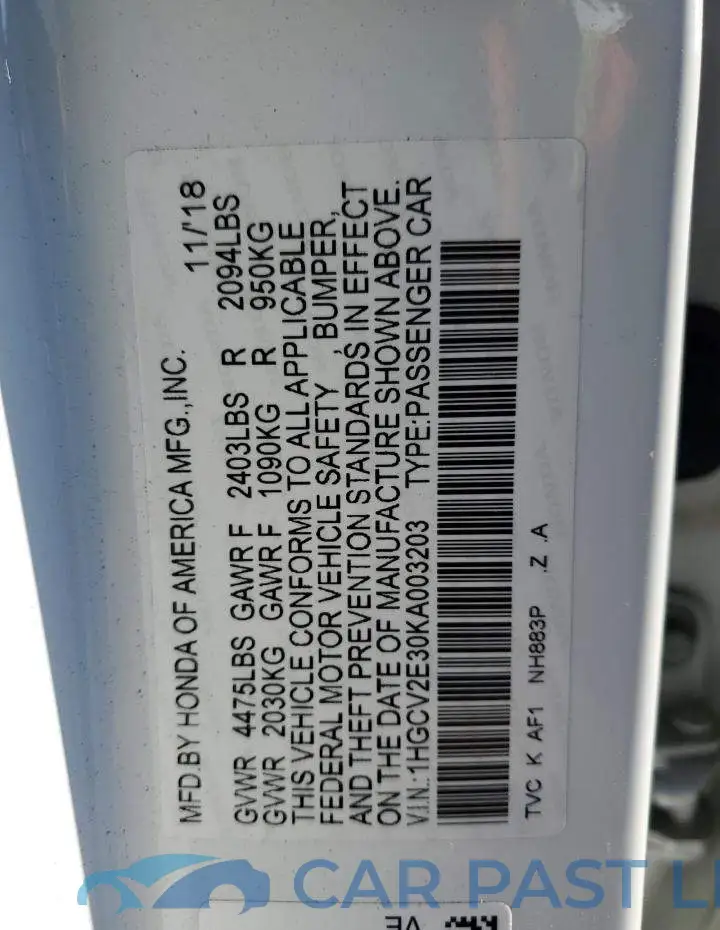 1HGCV2E30KA003203# 12