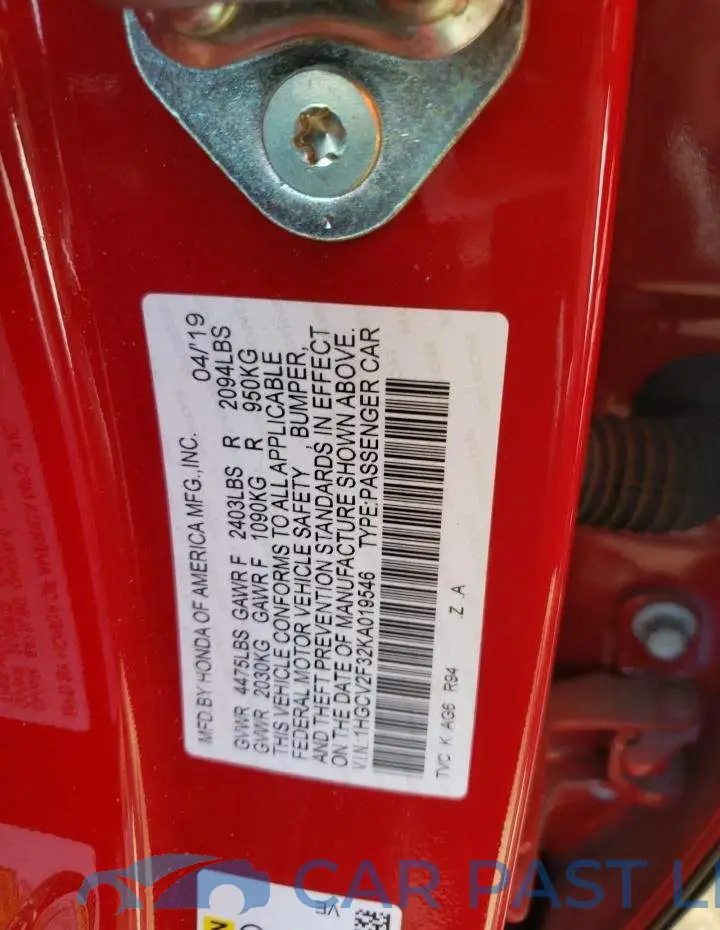 1HGCV2F32KA019546# 12