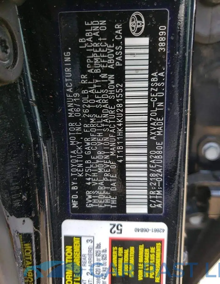 4T1B11HK4KU281552# 12
