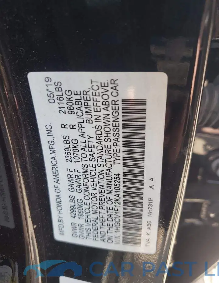 1HGCV1F12KA105254# 12
