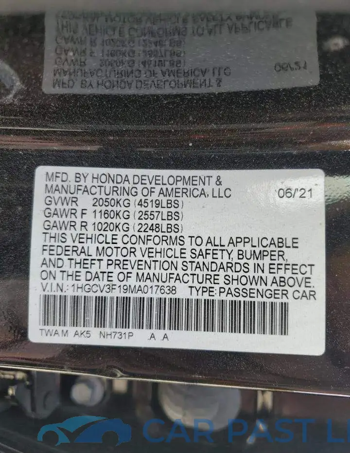 1HGCV3F19MA017638# 12