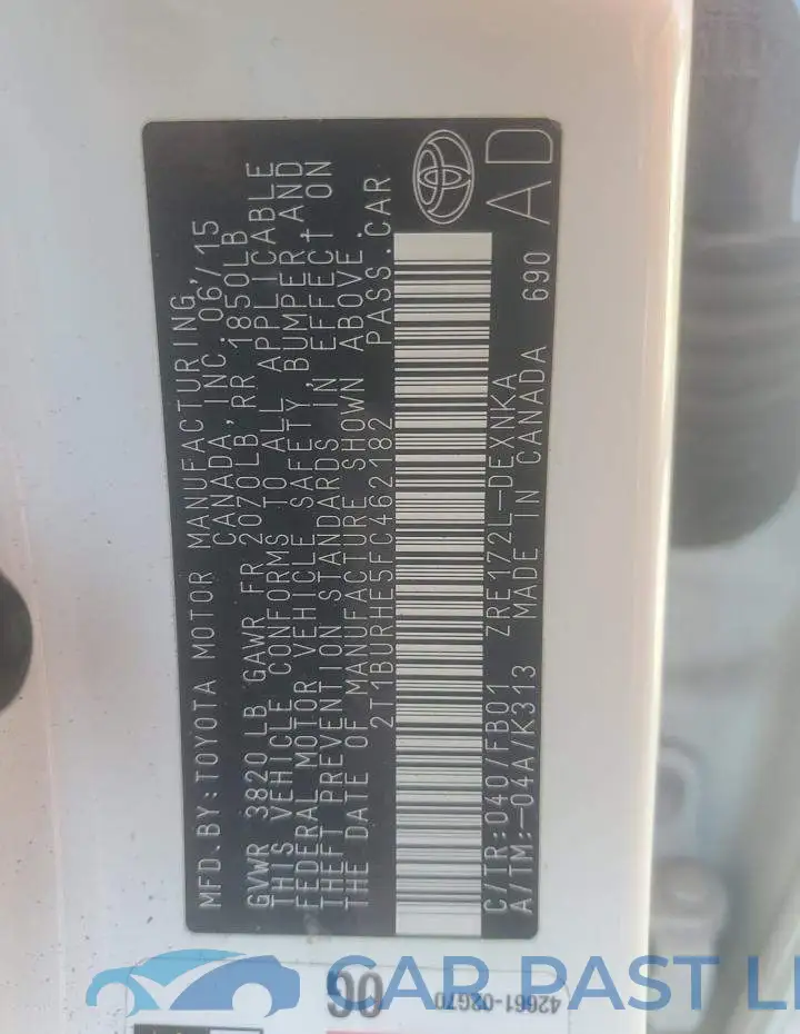 2T1BURHE5FC462182# 12