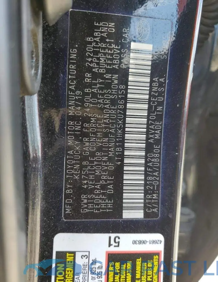 4T1B11HK5KU786158# 13