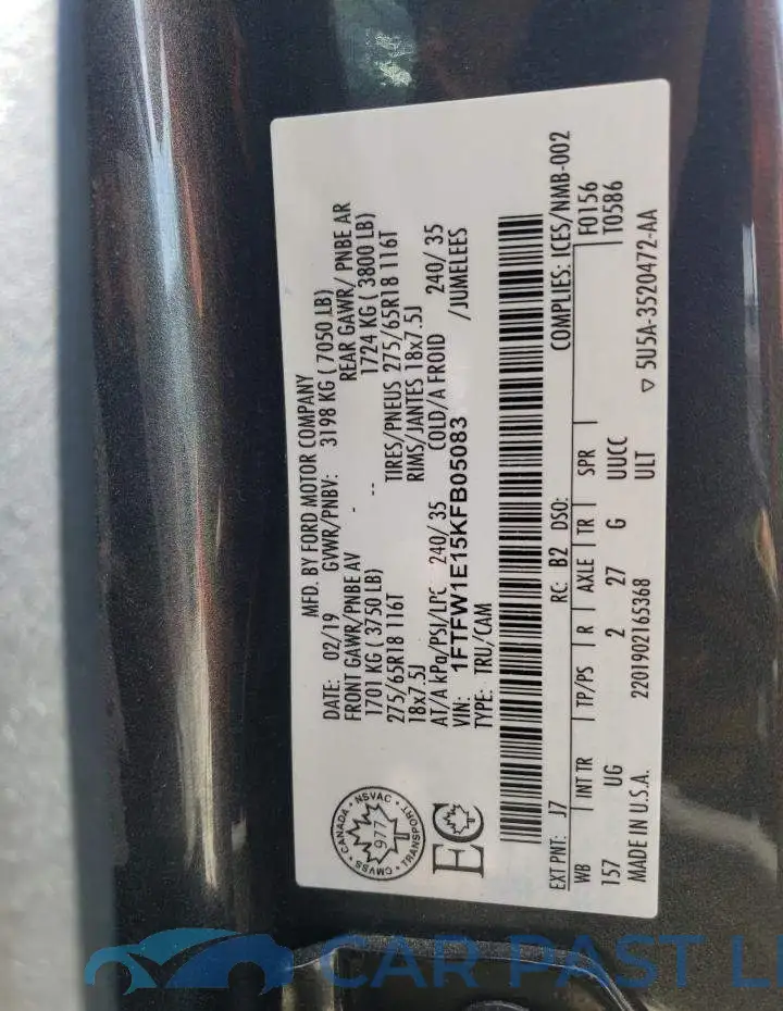 1FTFW1E15KFB05083# 12