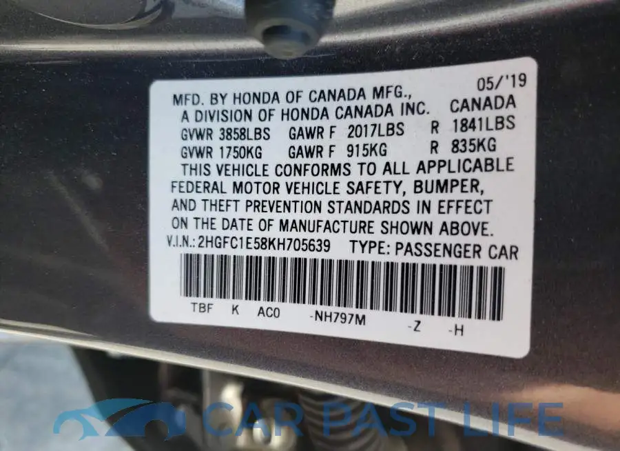 2HGFC1E58KH705639# 12