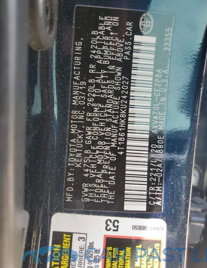 4T1B61HK8KU242027# 12