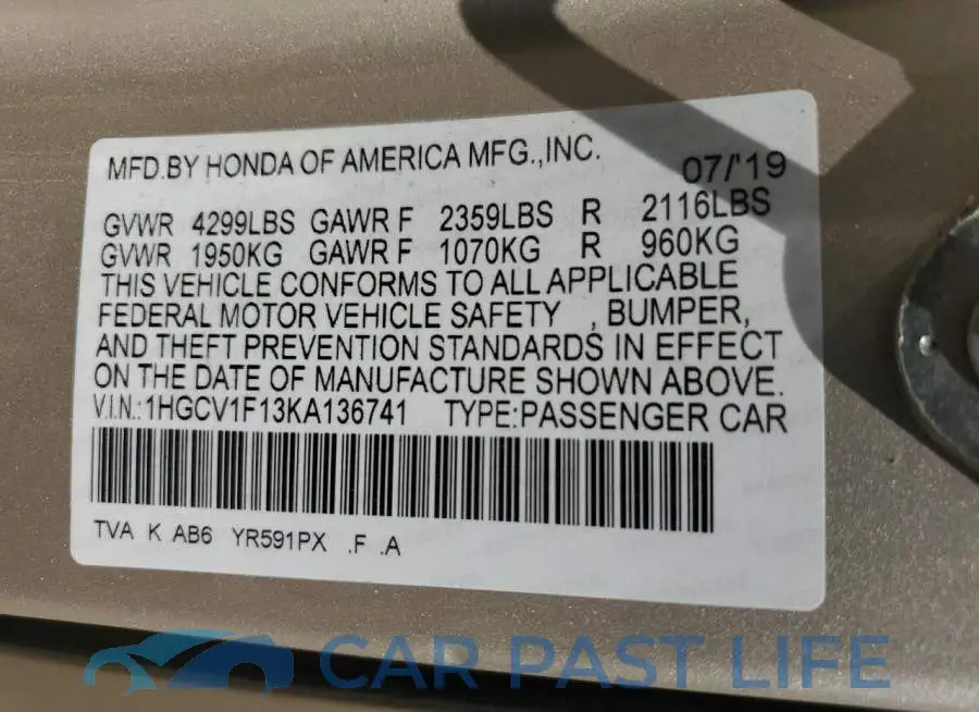 1HGCV1F13KA136741# 12