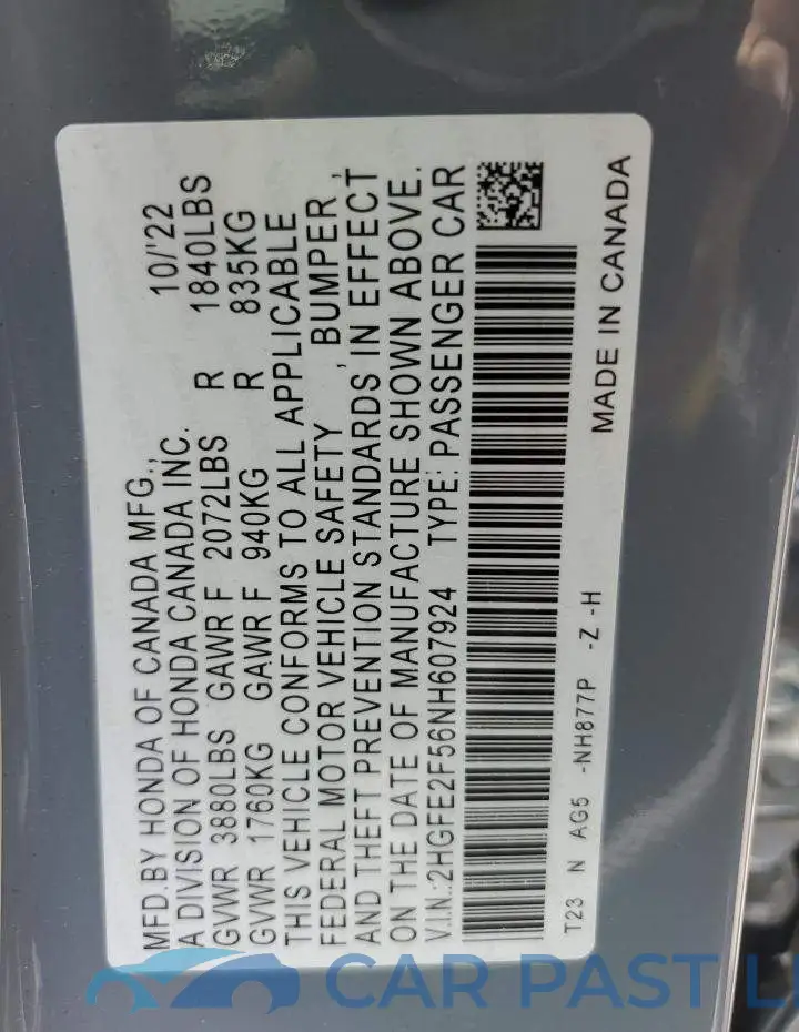 2HGFE2F56NH607924# 12