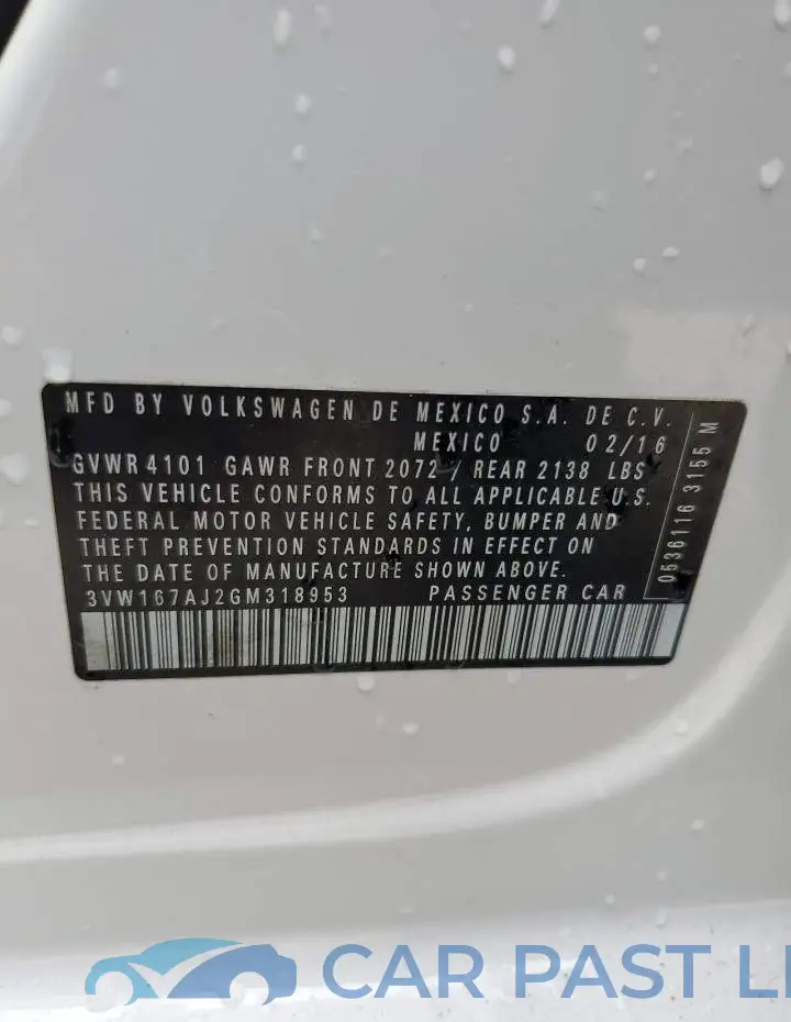 3VW167AJ2GM318953# 12