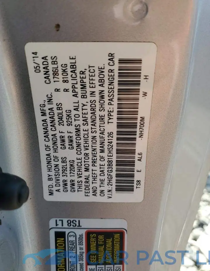 2HGFG3B81EH524126# 12