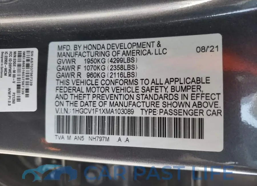 1HGCV1F1XMA103089# 12