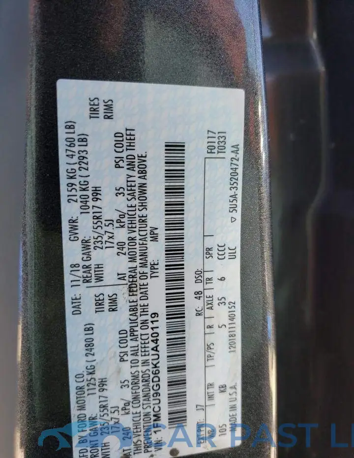 1FMCU9GD6KUA40119# 12