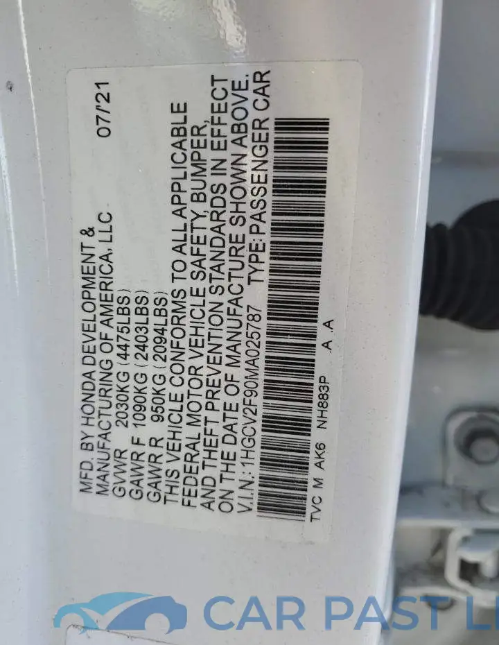 1HGCV2F90MA025787# 13