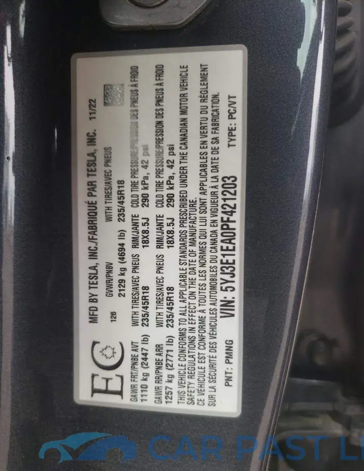5YJ3E1EA0PF421203# 12