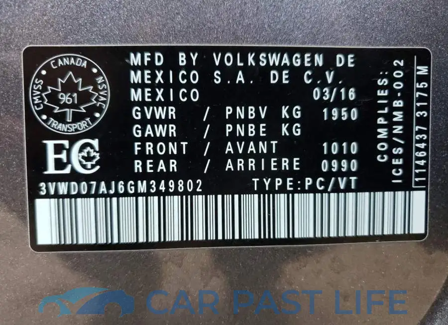 3VWD07AJ6GM349802# 14