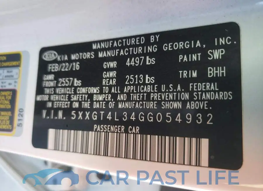 5XXGT4L34GG054932# 12