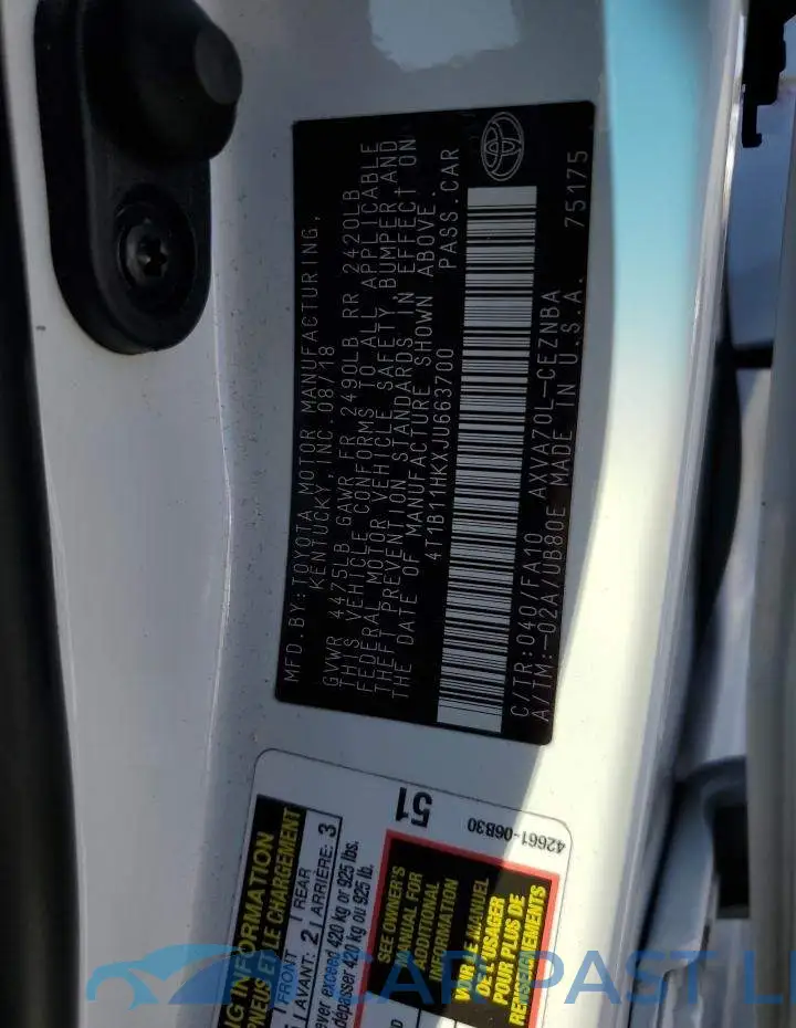4T1B11HKXJU663700# 12