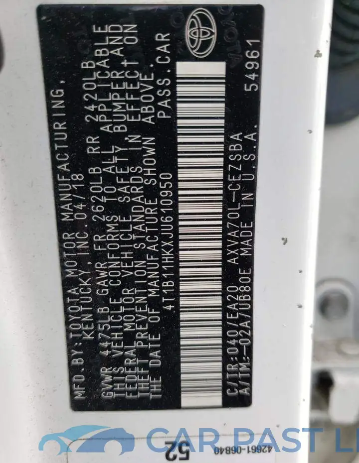 4T1B11HKXJU610950# 12