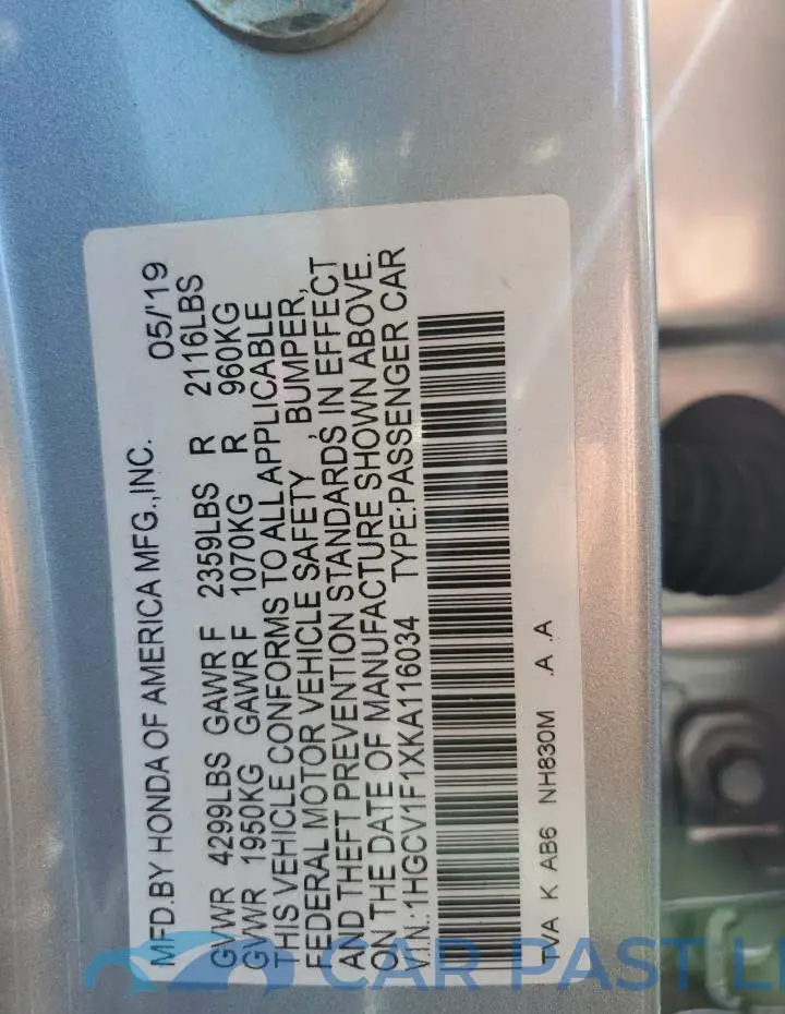 1HGCV1F1XKA116034# 12