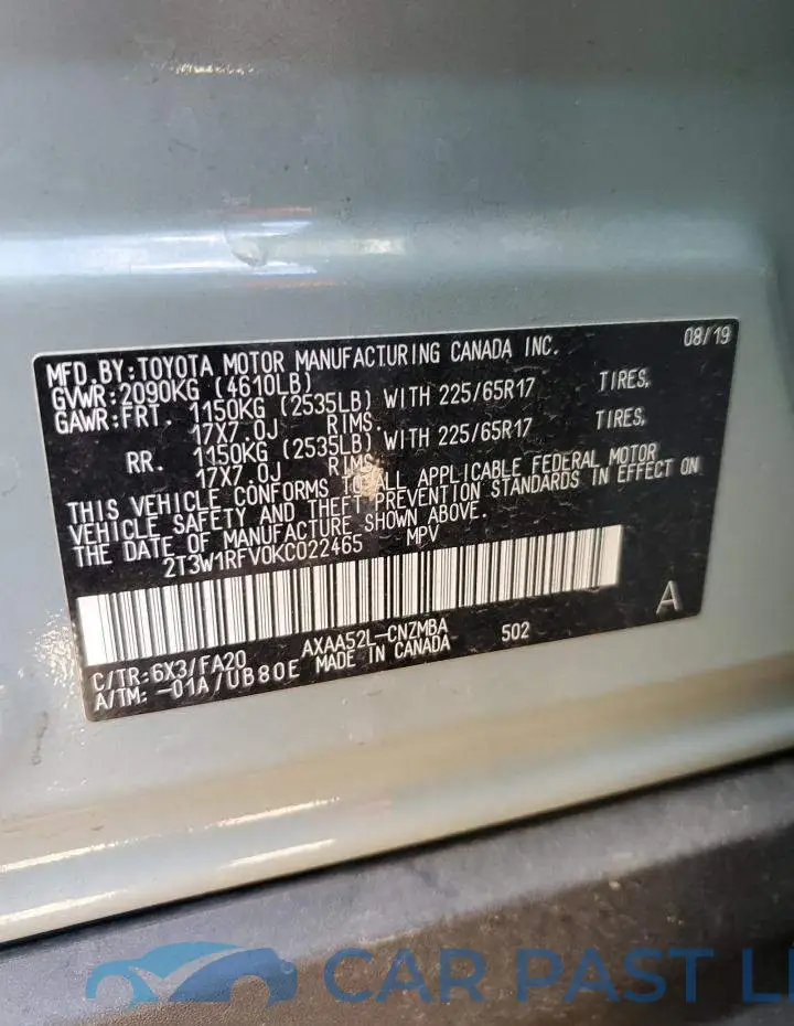 2T3W1RFV0KC022465# 12
