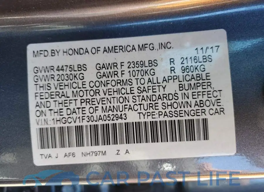 1HGCV1F30JA052943# 12
