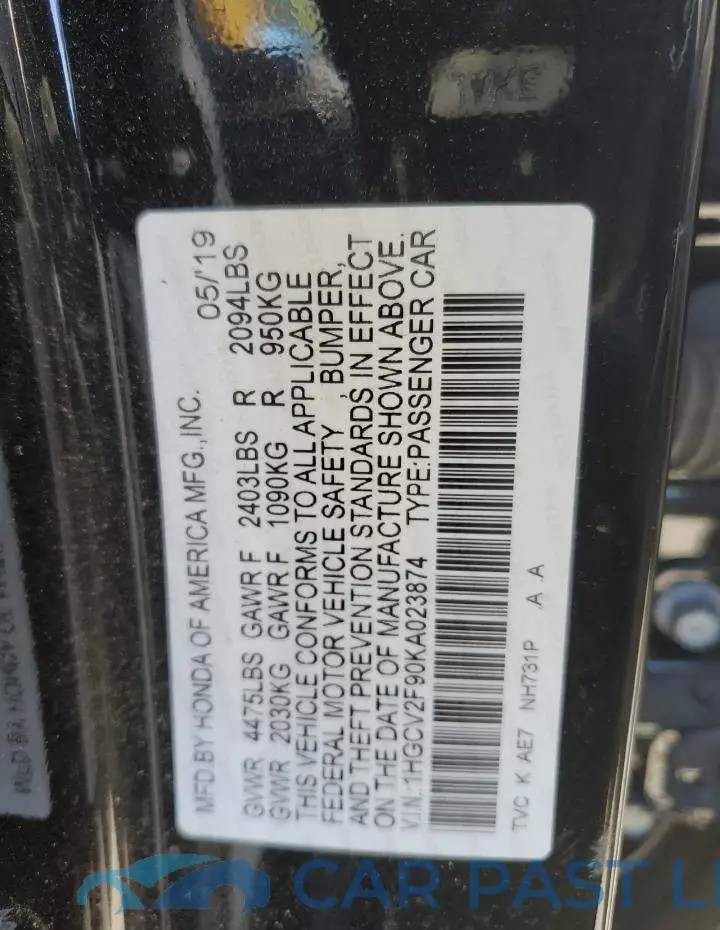 1HGCV2F90KA023874# 12