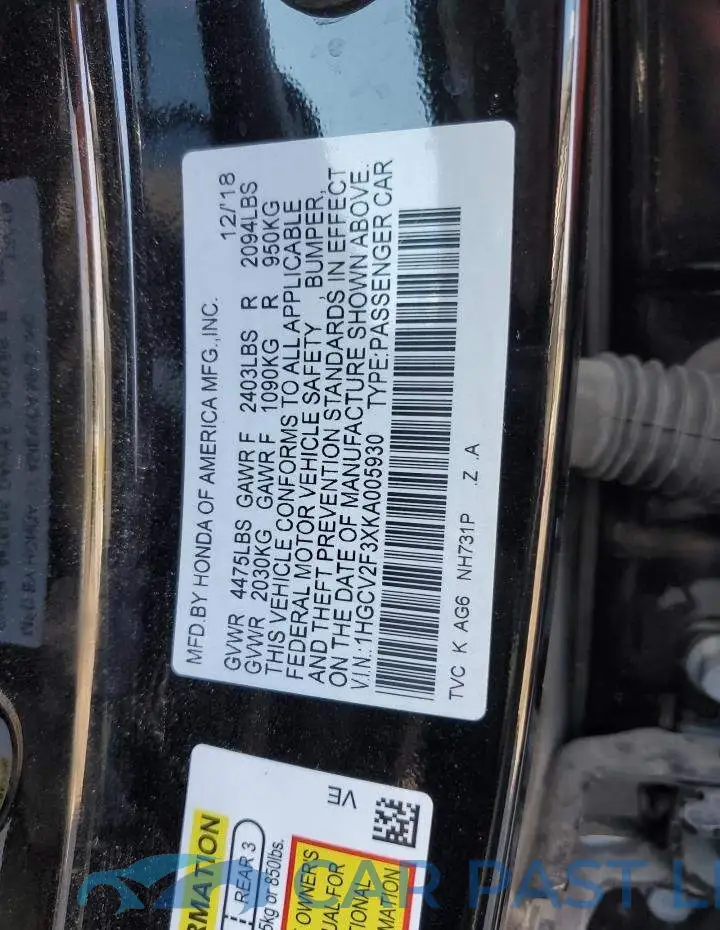 1HGCV2F3XKA005930# 12