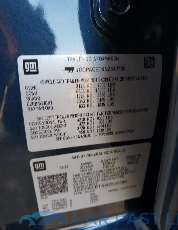 1GCPACETXNZ510780# 12