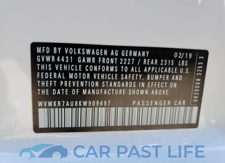 WVWKR7AU8KW909497# 12