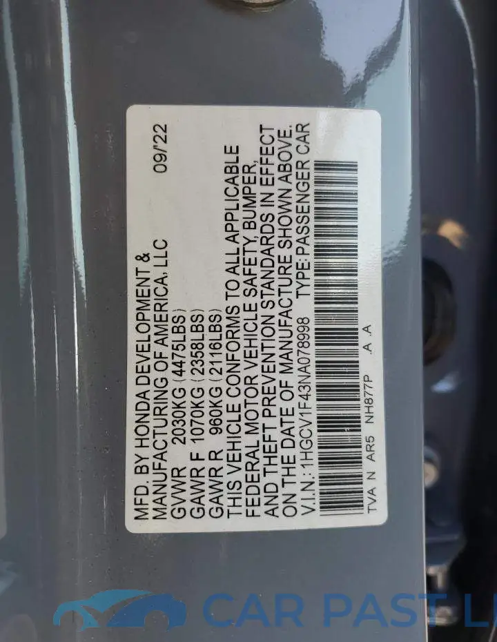 1HGCV1F43NA078998# 12