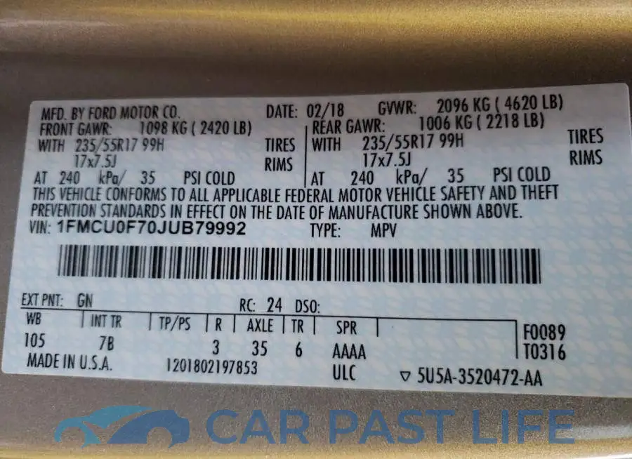 1FMCU0F70JUB79992# 14