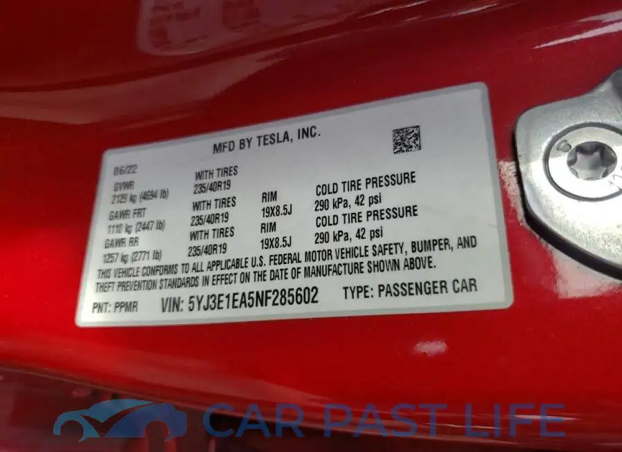 5YJ3E1EA5NF285602# 12