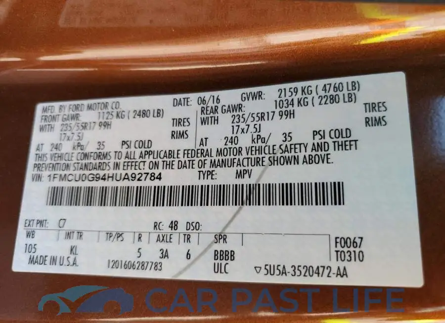 1FMCU0G94HUA92784# 14